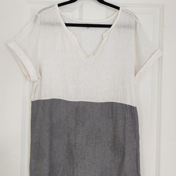 Lina Tomei 100% Linen Short Sleeve Colorblock Dress White & Grey Size L - Picture 4 of 11